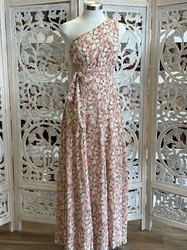 Huge Markdowns One Sleeve Pink Floral Maxi Dress- Not Stretchy