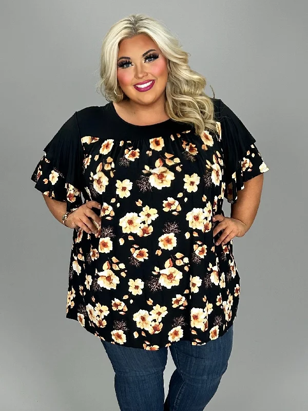 Clothing For Women 33 CP {Night Of Full Bloom} Black Floral Ruffle Sleeve Tunic EXTENDED PLUS SIZE 3X 4X 5X (True to Size)