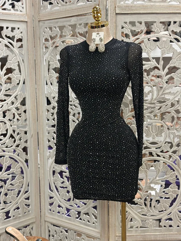 You'Ll Love Us Because Black Rhinestone Mesh Mini Dress- Slightly Stretchy,Estira Poco