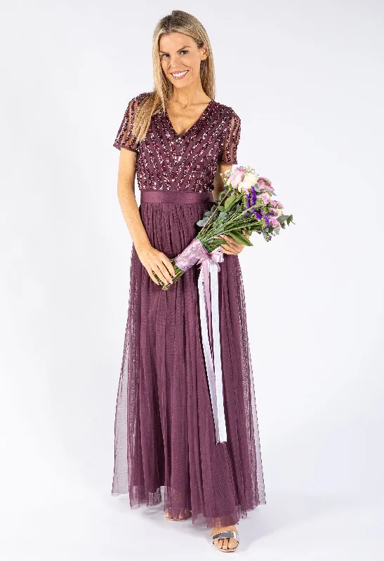 Women's High Street Fashion Berry V NECK SEQUIN AND TULLE DRESS WITH TIE WAIST