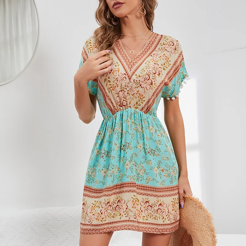 Affordable Women’s Clothing Sale Online JuliaFashion-Floral Printed V-Neck Ruffle Sleeve Boho Dress