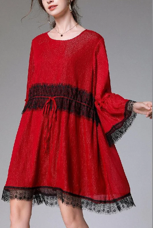 Online Boutiques Handmade Red Patchwork Chiffon flare sleeve Summer Mini Dresses