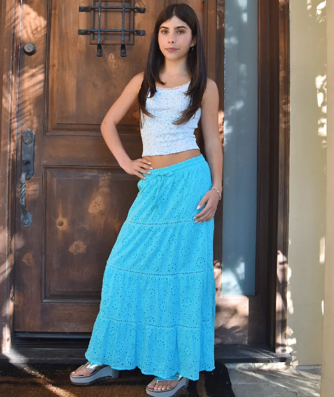 Trendy Online Boutiques FBZ Girls Aria Neon Aqua Eyelet Maxi Skirt