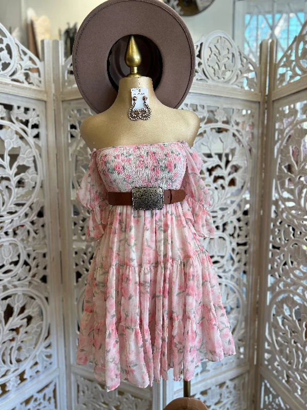 Season Offer Pink Off Shoulder Floral Smocked Dress- Stretchy