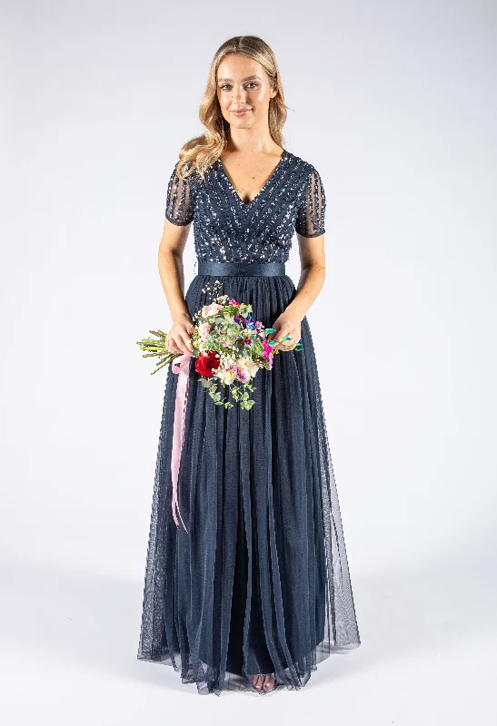 Seasonal Women's Fashion Trends NAVY V NECK SEQUIN AND TULLE DRESS WITH TIE WAIST