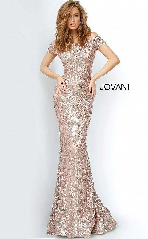 Fashion Essentials Jovani 1122 Long Off Shoulder Sequin Gown