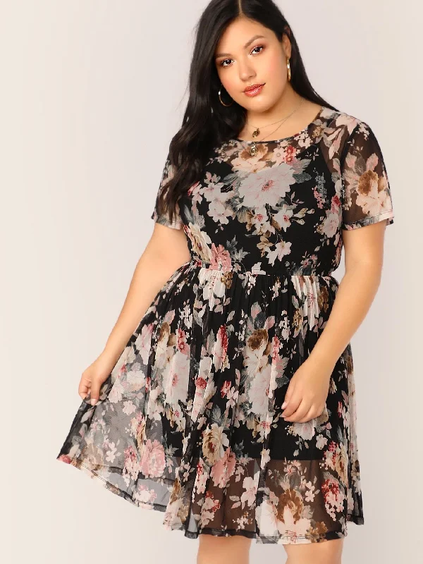 Budget Saver Plus Floral Print Sheer Dress Without Cami