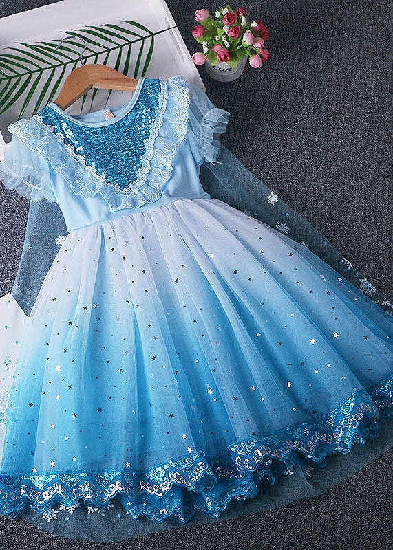 Online Boutique Clothing Fine Blue Ruffled Sequins Lace Patchwork Tulle Baby Girls Princess Dress Summer