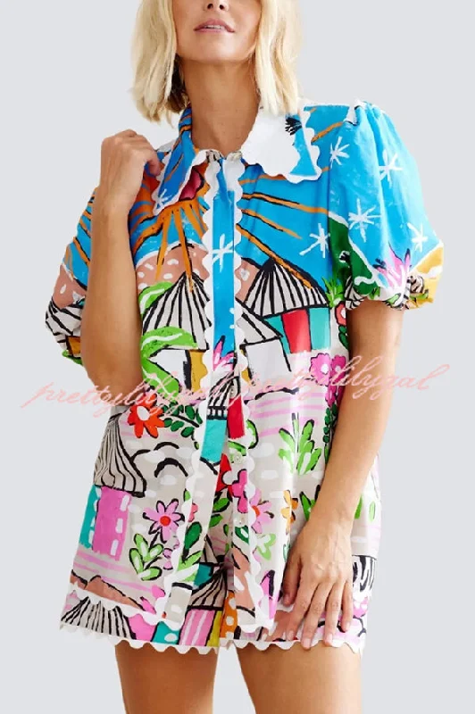 Trendsetter's Closet Unique Printed Wave Lace Puff Sleeve Loose Shirt and Elastic Waist Pocket Shorts Set