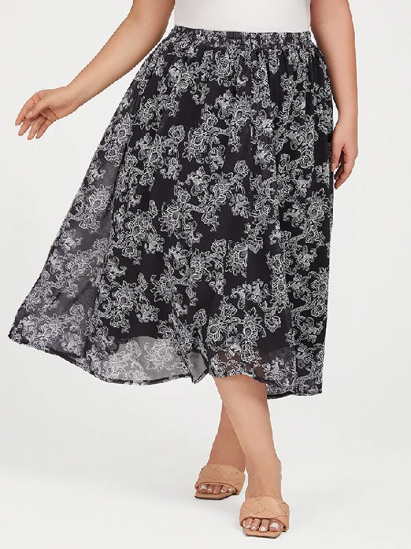Affordable Trendy Fashion Plus Black Floral Elastic Waist Skirt