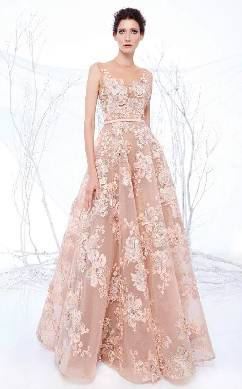 Retro Style Promotions MNM Couture - N0194 Floral Embroidered Illusion Pleated Gown