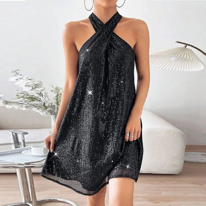 Fashion Sale Sexy Cross Neck Summer Women's 2024 New Casual Skinny Off Shoulder Sequin Mini Dress