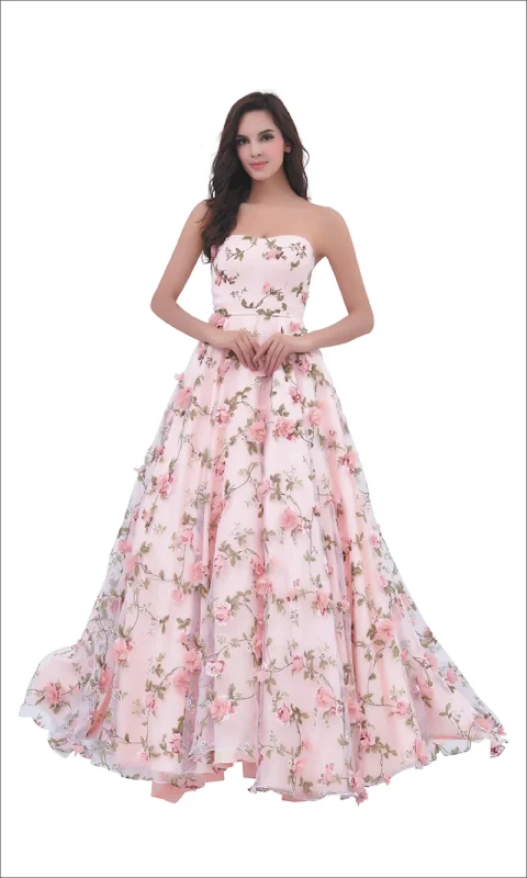 End-Of-Season Clearance J'Adore Dresses - J11343 Floral Print Strapless Embroidered Tulle Ballgown