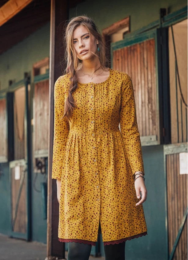 Online Boutique Clothing Lace Hem Long Sleeve Floral Mustard Shirt Dress