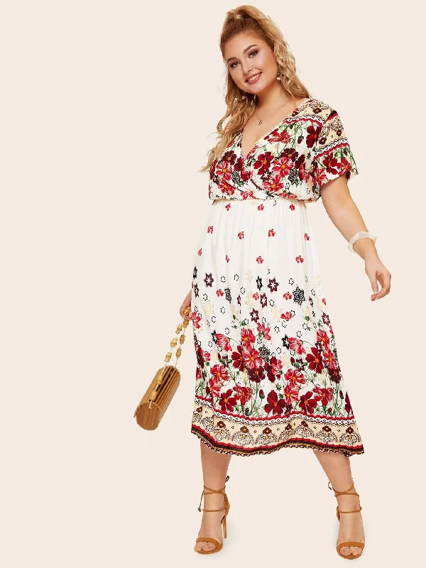 Mega Sales Plus Surplice Front Floral Print Dress