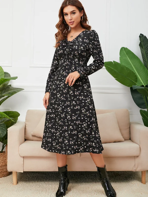 Absurdly Cheap Sale KittenAlarm - Rib Knit Ruched Bust Floral Dress