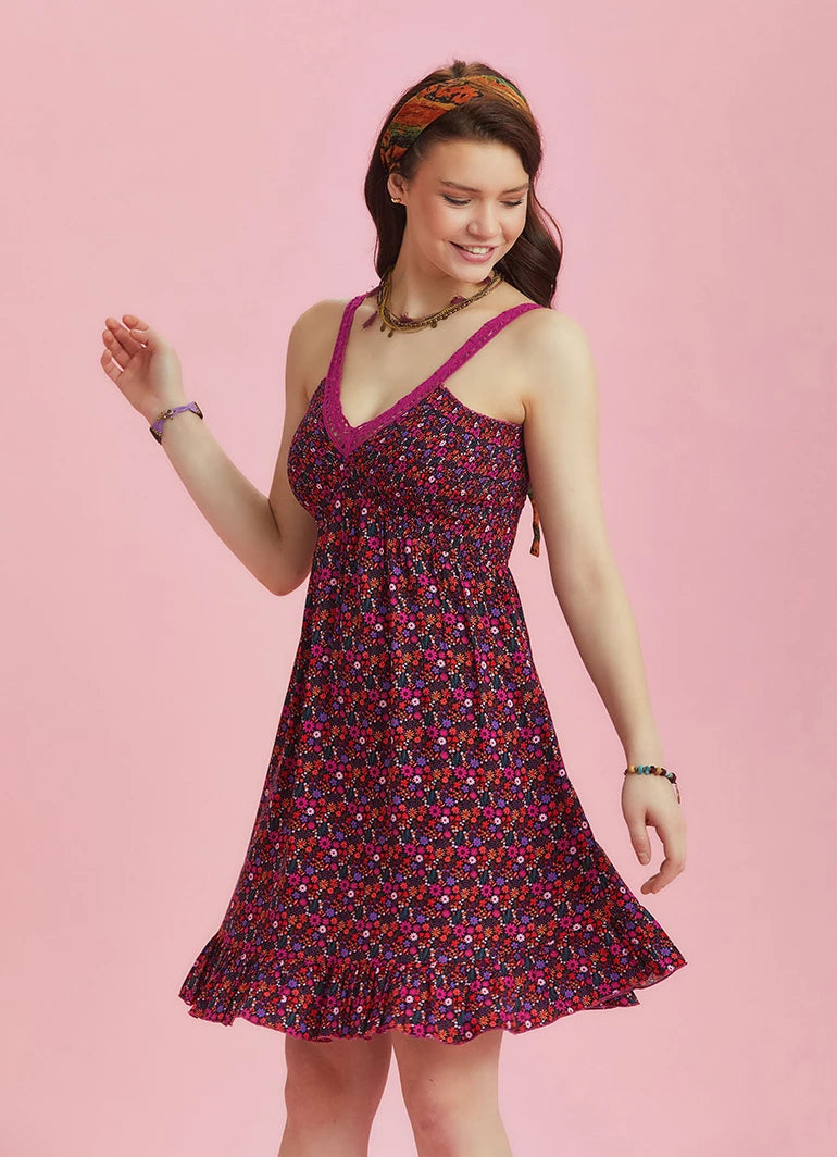 Laid-Back Elegance Fuchsia Floral Summer Dress with Lace Collar Straps