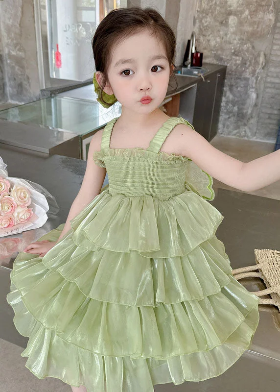 Preppy Style Green Patchwork Tulle Kids Girls Long Dresses Wrinkled Summer