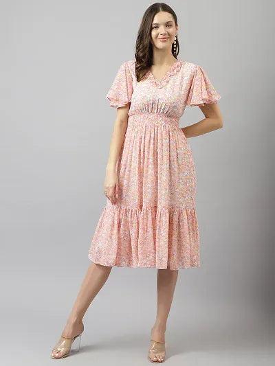 Exclusive Designer Collection Stylish Peach Georgette Printed Fit And Flare Dress For Women