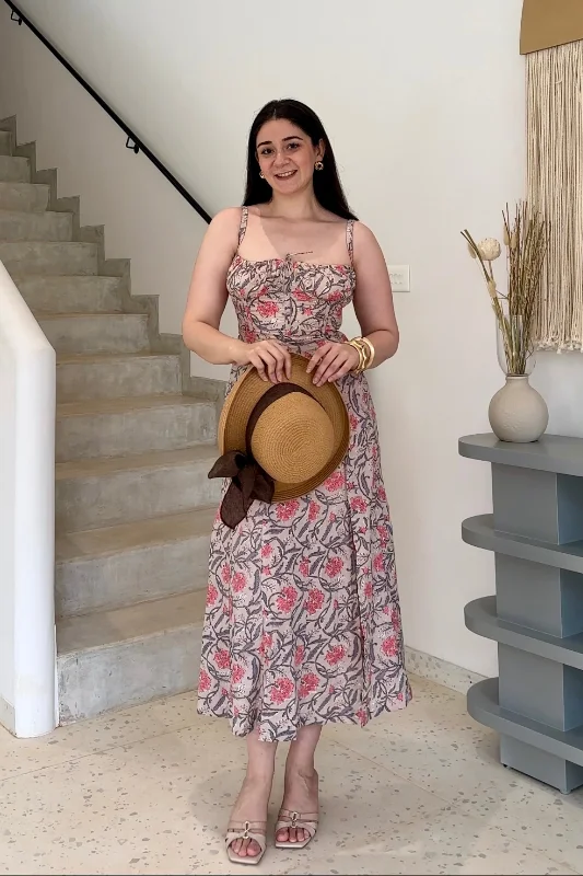 Update With Cottagecore Styles Estelle Beige Printed Cotton Bustier Sundress