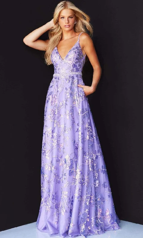 Exclusive Fashion Deals Jovani - 06814 V-Neck Floral Embroidered Dress