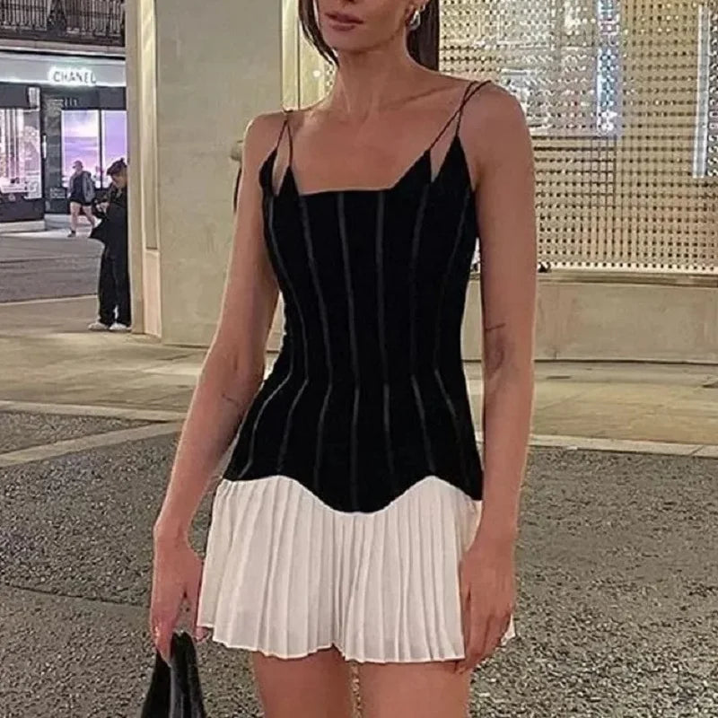 Cool Prices Skinny Pleated Dress for Summer Women's 2024 New Chic High Waist Velvet Spliced Pleated Bottom Sling Mini Dress