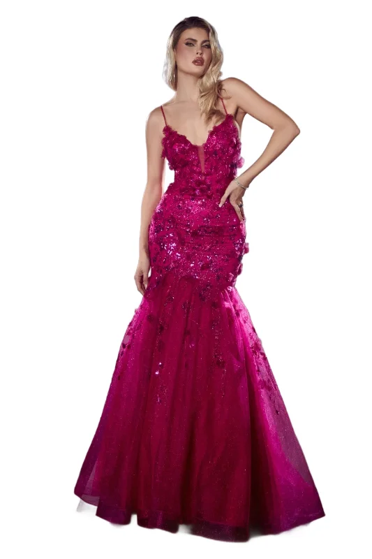 Relaxed Style Deals Ladivine CM328 Size 2 Magenta Floral Mermaid Glitter Prom Dress Corset Formal Gown Sequin Shimmer
