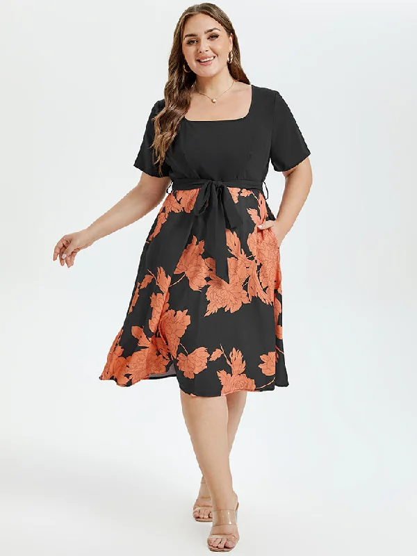 Glamorous Fashion Offers Floral Print Square Neck Belted Midi Dress