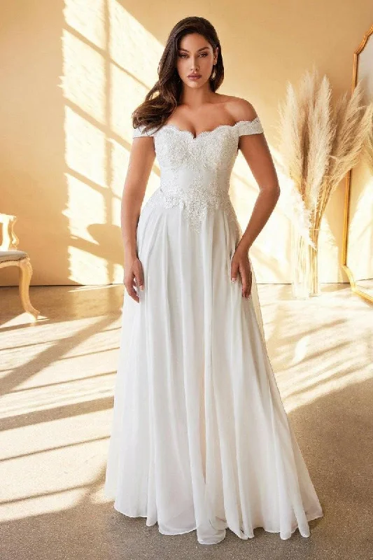 Style Your Wardrobe Off Shoulder Floral Bodice Appliqued Embroidered Top Cap Sleeves A-line Long Wedding Dress CD7258W Sale