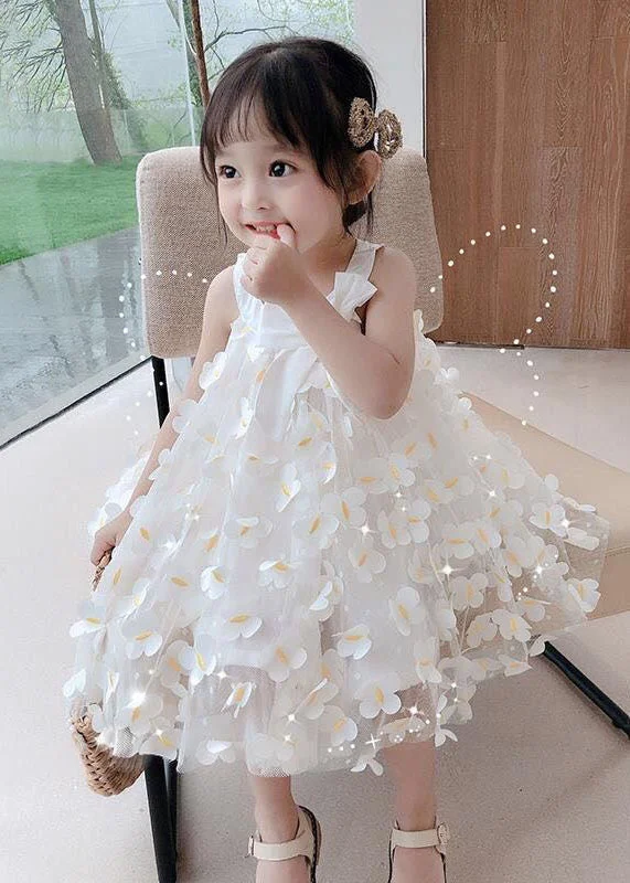 Timeless Classics Casual White Floral Decorated Patchwork Tulle Baby Girls Dress Summer