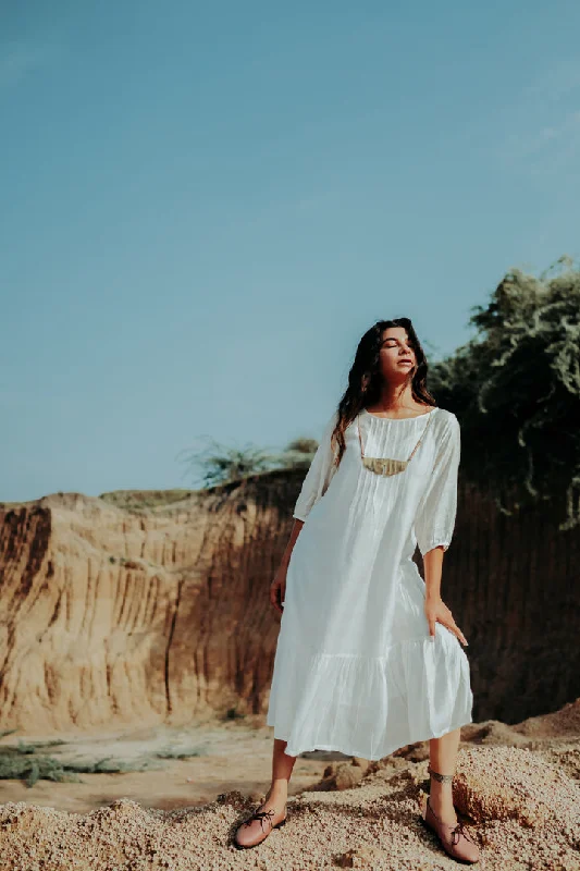 Vintage Look Silk Gathered White Dress with Pleats.