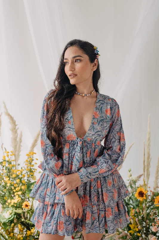 Effortless Comfort Chicca Blue Printed Cotton Layered Dress