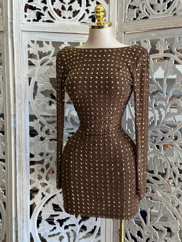 Forward Trendsetter Gold Rhinestone Scoop Back Mini Dress- Stretchy, Estira