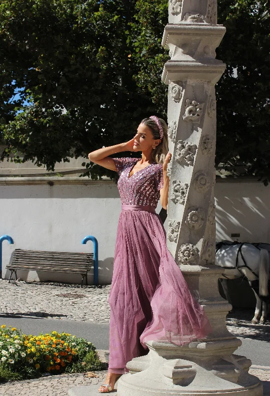 Elegant Women's Clothing Online Lotus Pink V NECK SEQUIN AND TULLE DRESS WITH TIE WAIST