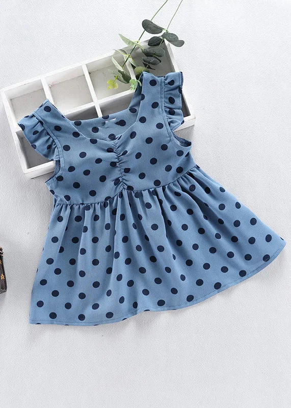 Casual Chic Fashion Baby Blue O-Neck Dot Print Patchwork Girls Vacation Long Dress Sleeveless