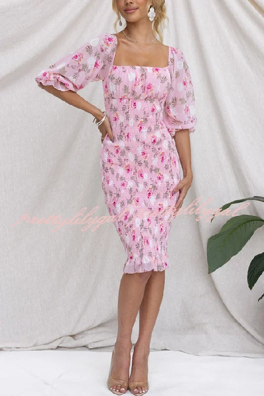 Sophisticated Style Midnight Beauty Floral Smocked Midi Dress