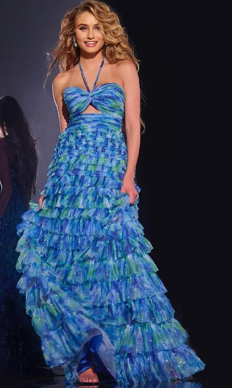 Casual Chic for Women Jovani 42182 - Halter Neck Tiered Ruffle Keyhole Prom Gown