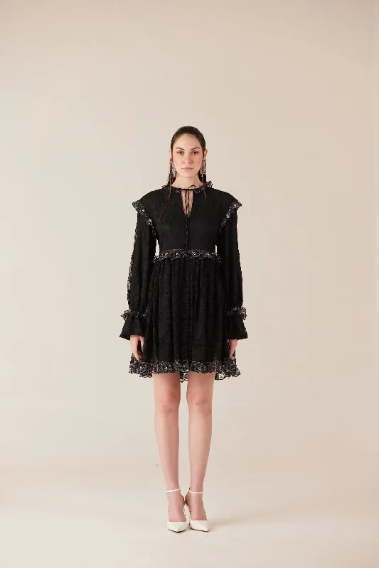 Boutique Dress Online Midnight Mischief Black Lace Ruffle Mini Dress