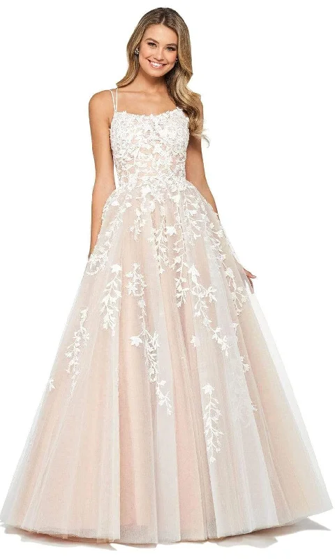 Seasonal Trends Sherri Hill - Floral Lace Appliqued Lace-up Back Ballgown 53116 - 1 pc Ivory/Nude In Size 00 Available