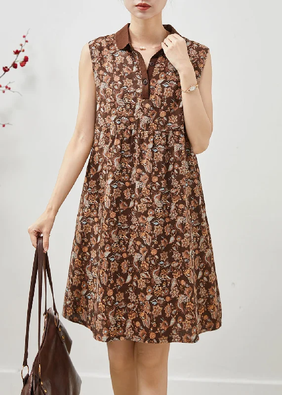 Women's Clothing Boutique French Brown Peter Pan Collar Print Linen Mini Dress Sleeveless