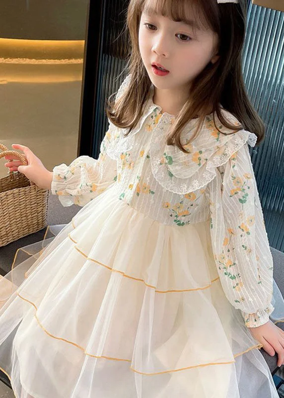 Limited Time Offer Beautiful Apricot Peter Pan Collar Patchwork Tulle Girls Long Dresses Long Sleeve