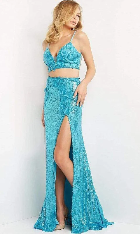 Limited Styles Jovani - 08471 Floral Applique Two-Piece High Slit Sequin Prom Dress