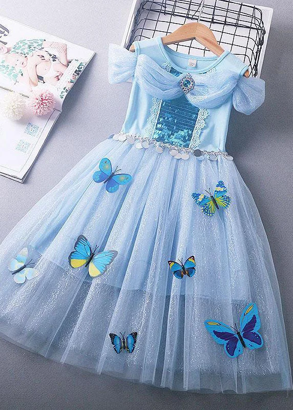 Exclusive Discount Fine Blue Sequins Wrinkled Patchwork Tulle Kids Girls Princess Dress Summer