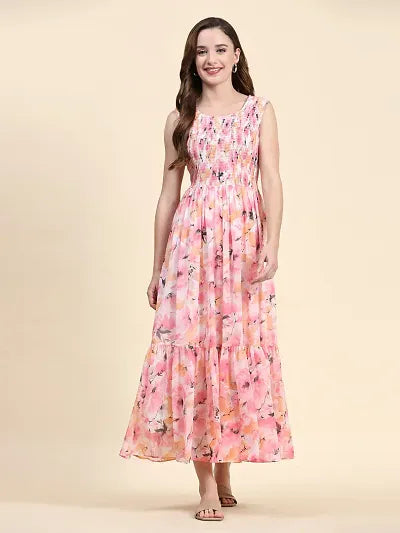 Season Appropriate Women's Collection Stylish Pink Georgette Printed Fit And Flare Dress For Women