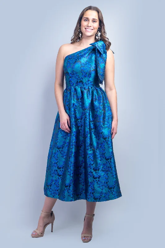 Classic Modern Offers Blue Floral One Shoulder Dress