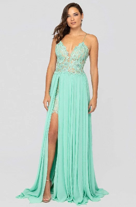 Easy Elegance Sales Terani Couture - 1913P8324 Floral Lace Corset Bodice High Slit Gown