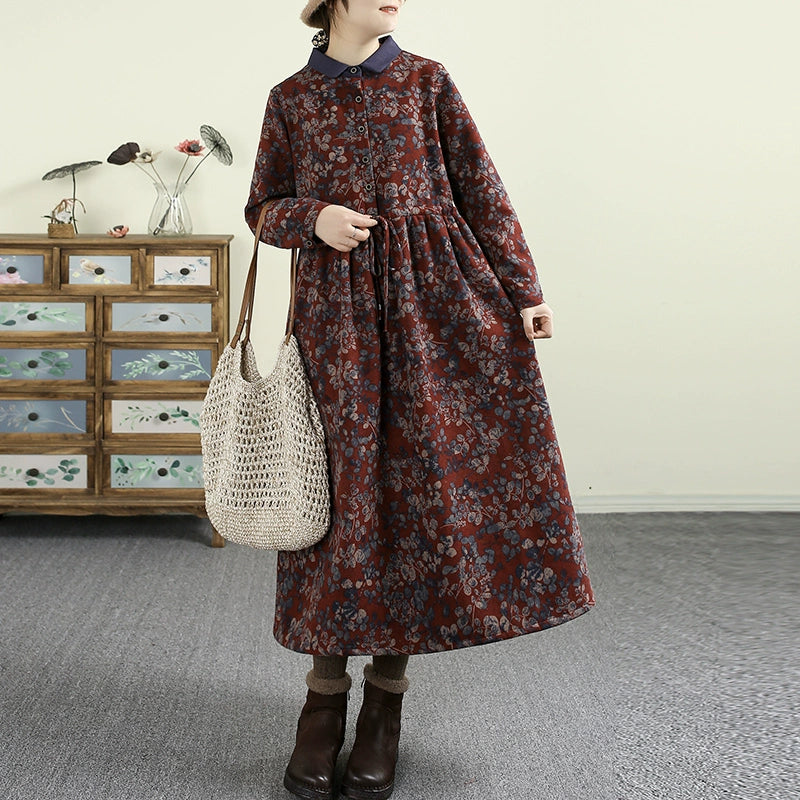 Women's Clothing Stores Women Winter Vintage Cotton Linen Floral Printed Fleece-Lined Dress