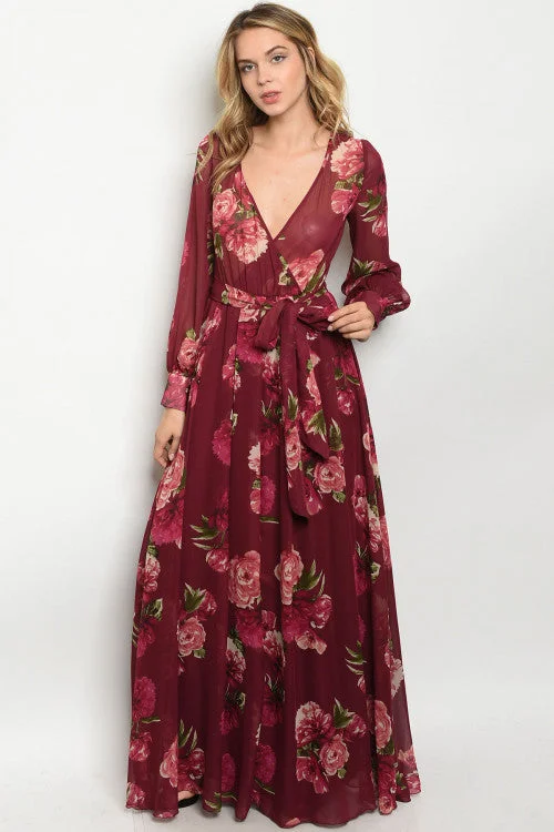 Relaxed Style Wine Red Floral Chiffon Maxi Dress