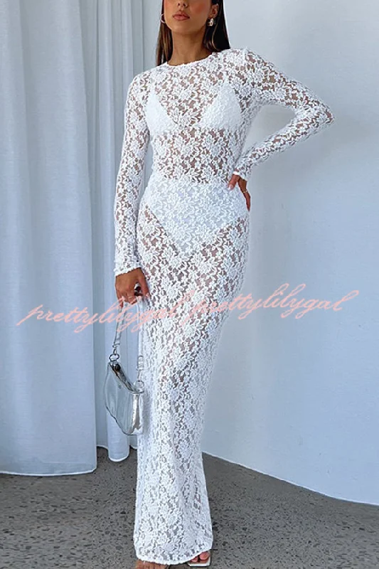 Trendy And Individual Women's Fashion Solid Color Round Neck Long Sleeve Sexy Lace Slim Fit Cover-up Maxi Dress