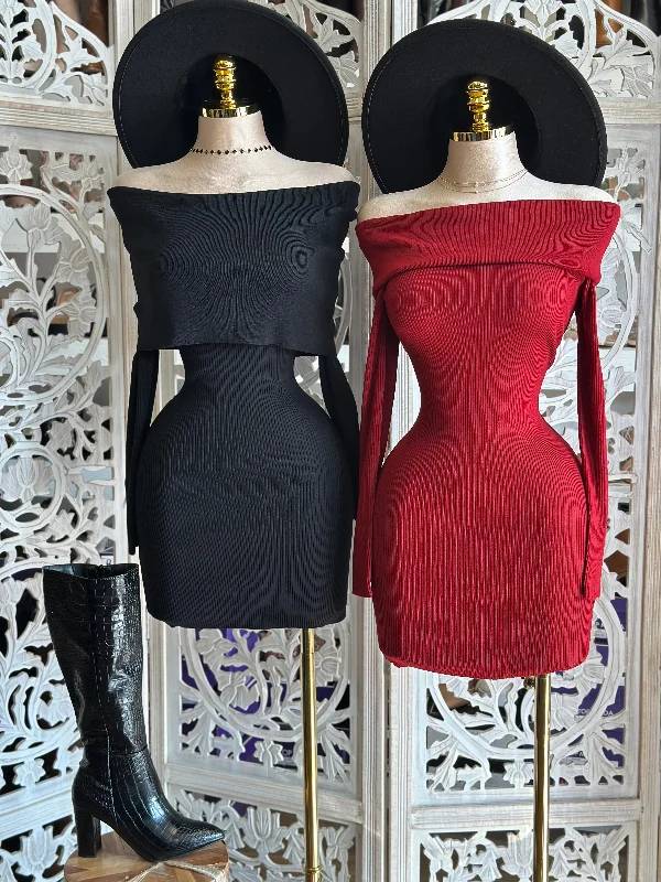Best Sellers Off Shoulder Ribbed Mini Dress- Stretchy,Estira